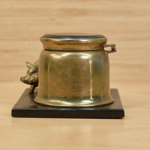 Vintage 30s Art Deco Brass Inkwell with Figural Pig / Rare - Picture 6 of 11